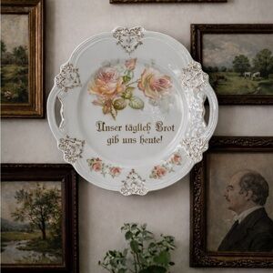Antique German Bavaria Porcelain Bread Plate Roses Gold Handles Marked